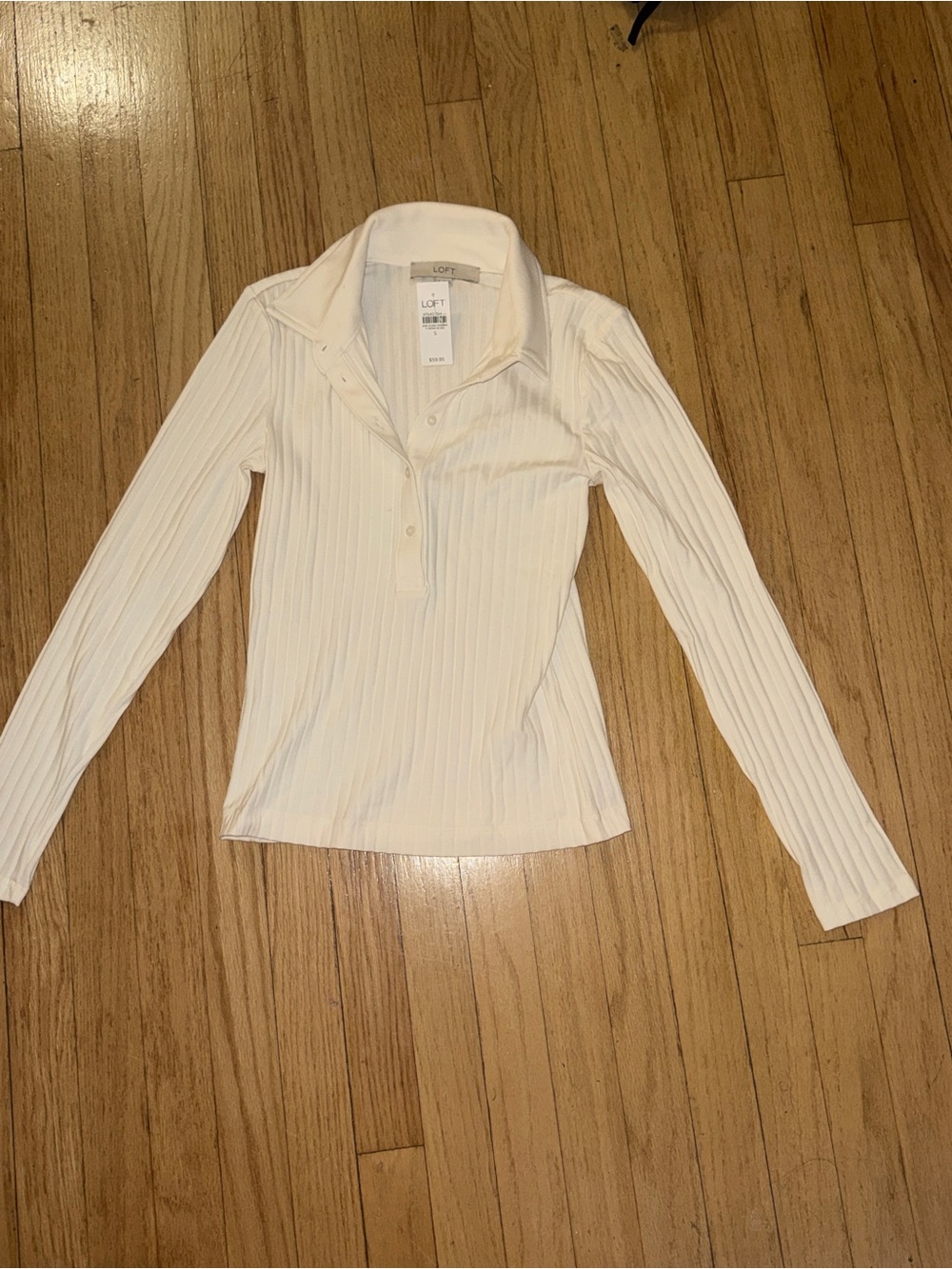 LOFT Cream Ribbed Polo-Style Long Sleeve Top